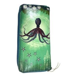 Milavi Vegan Leather Wallet With Octopus Coral Nautical Sea Green & Blue 8" NEW